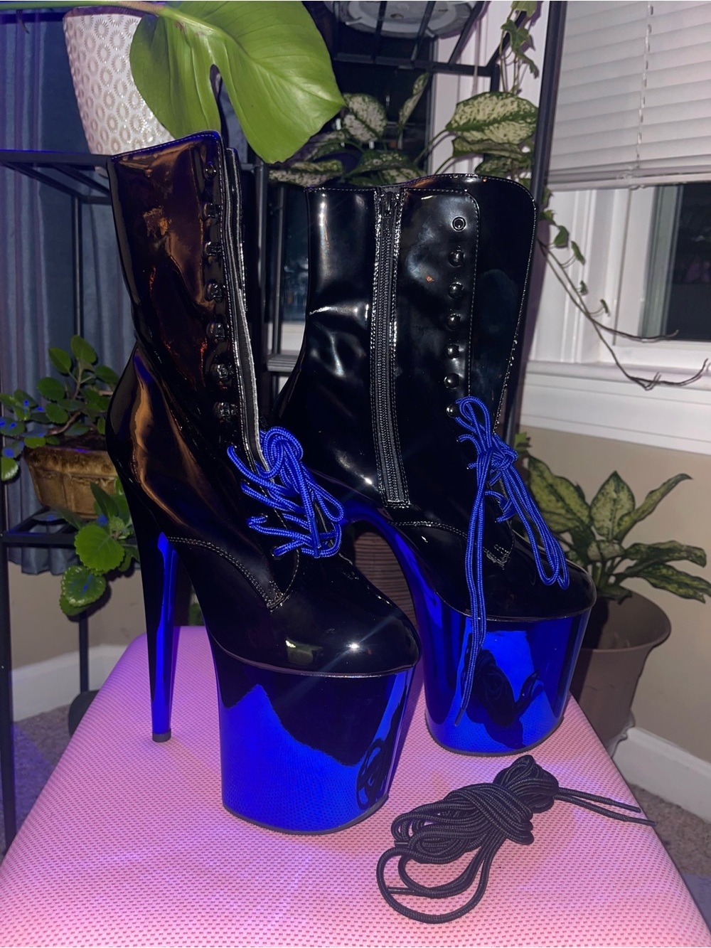 Pleaser Flamingo-1020 | Black Patent & Royal Blue Chrome Ankle Boots (Size 9)